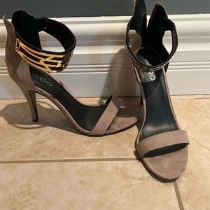 Aldo grey heels with gold ankle buckle detail